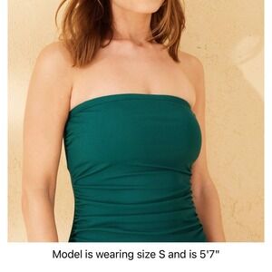 Sz 12-14 Shade & Shore Women's Green Ribbed High Leg Bandeau One Piece Swimsuit